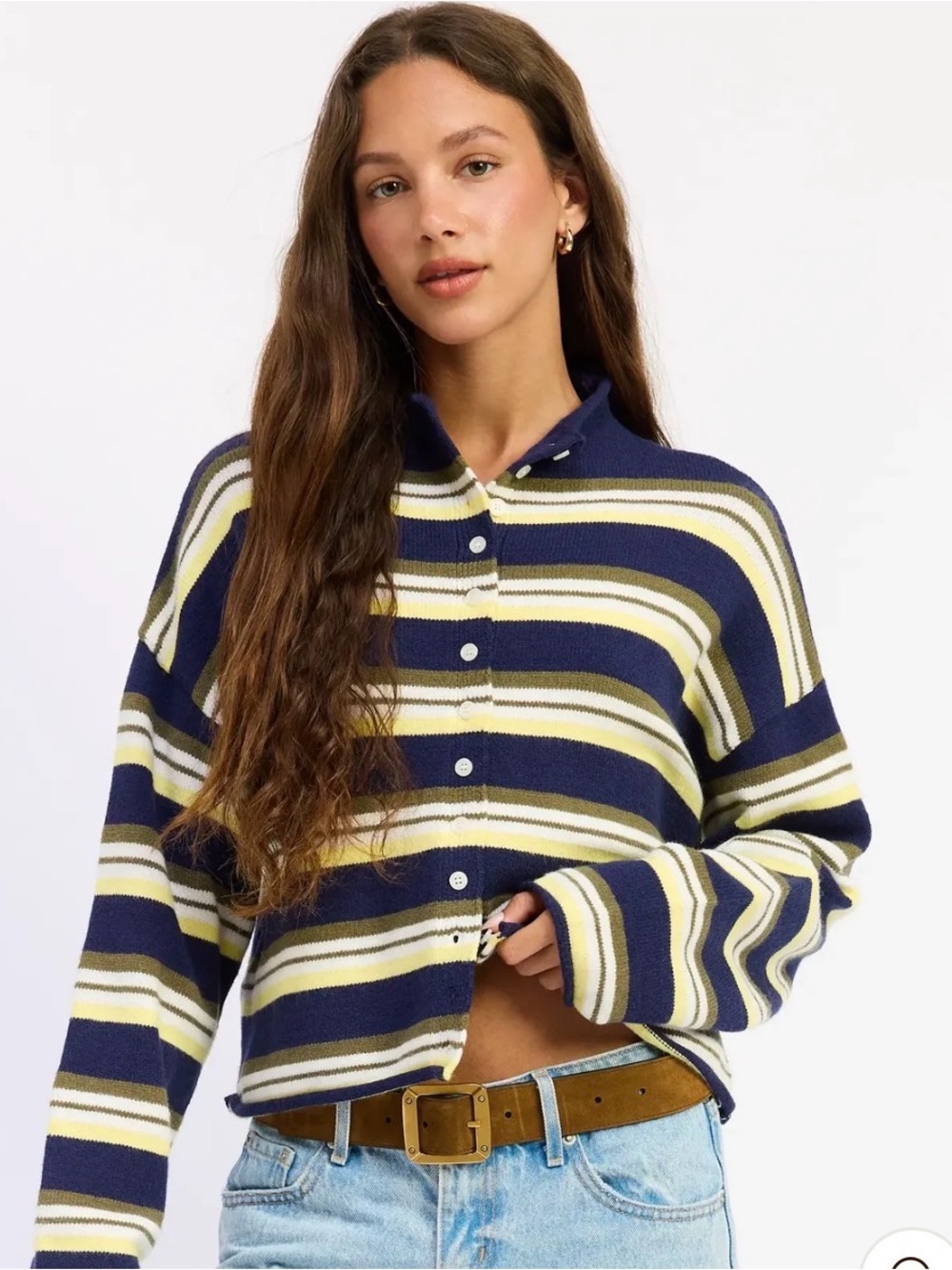 Le Lis Striped Button-Front Knit Top in Navy, Cream & Olive